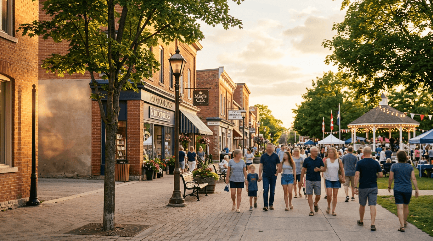 Norwood, Ontario main street at golden hour with maple trees and string lights